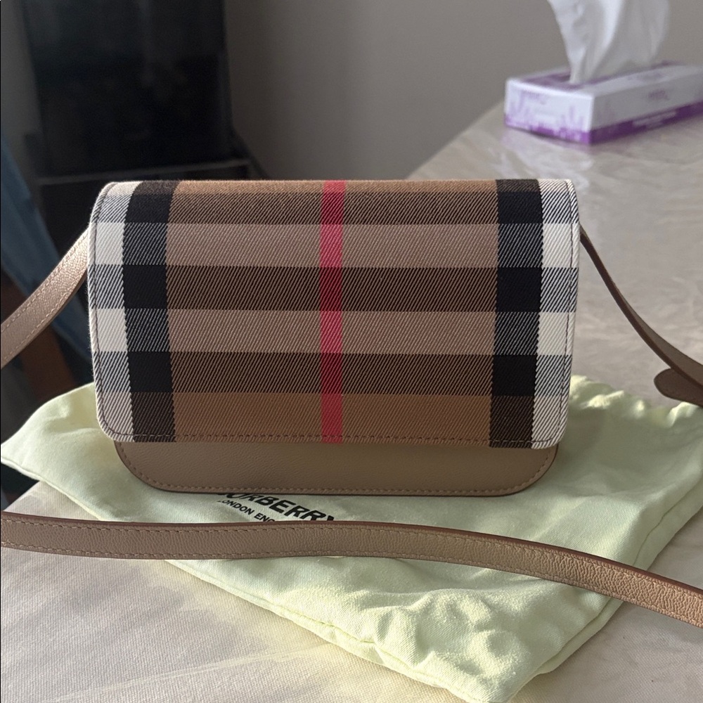 Burberry Beige and Black Crossbody Bag with Red Stripe